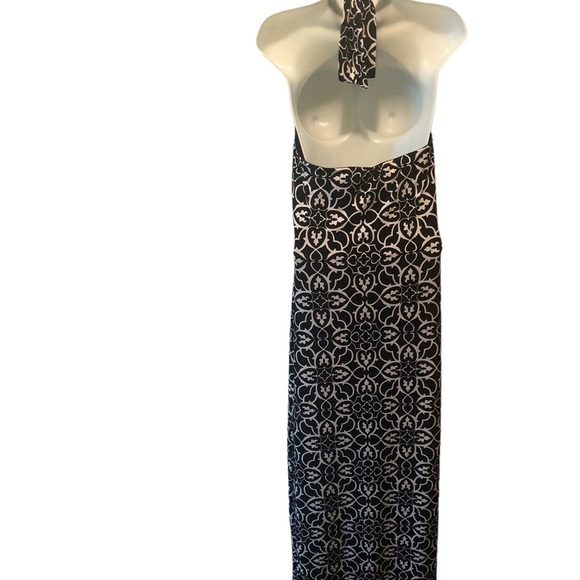Y2K WHBM Keyhole Halter Top Maxi Dress M Black White Damask Print Slinky Summer - Picture 6 of 8